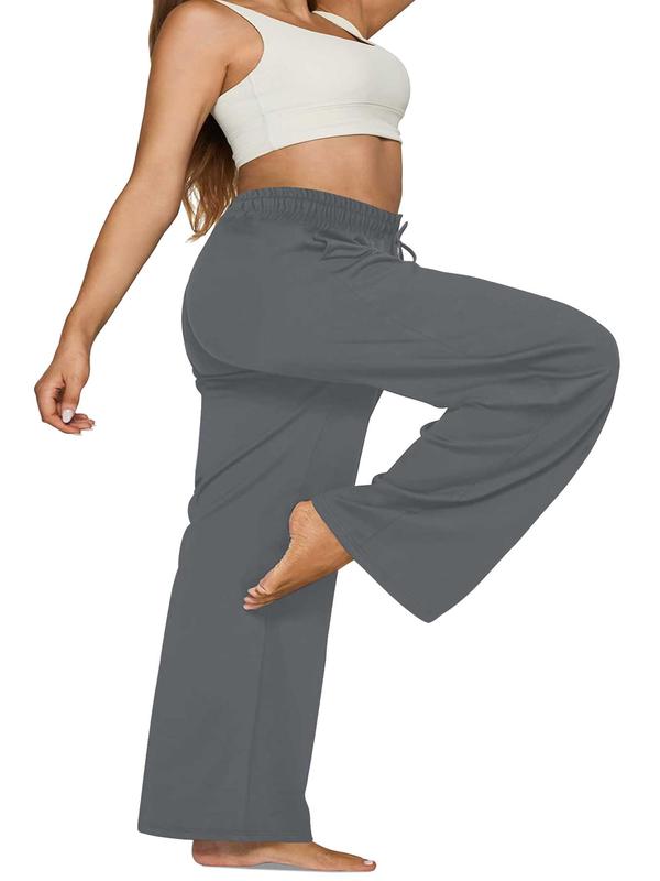  Solid Drawstring Waist Wide Leg Pants, Casual Elastic Waist Slant Pocket Trousers for Daily Wear, Women's Bottoms for All Seasons