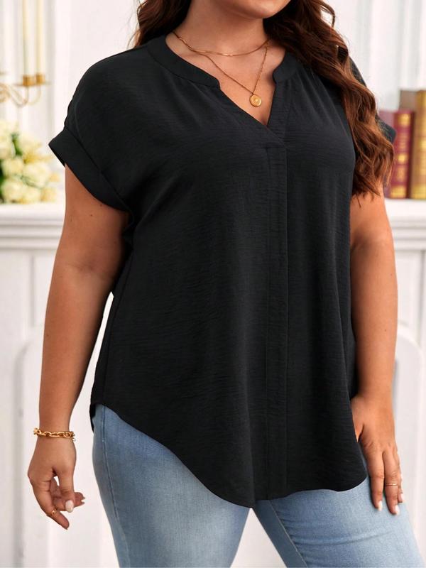  Plain Notched Neck Batwing Sleeve Shortsleeve Blouse, Plus Casual Short Sleeve Asymmetrical Hem Shirts Top for Lady, Going Out Tops, Plus Size Clothes, Women's Plus Clothing for Daily Wear, Womenswear, Summer Outfits 2024