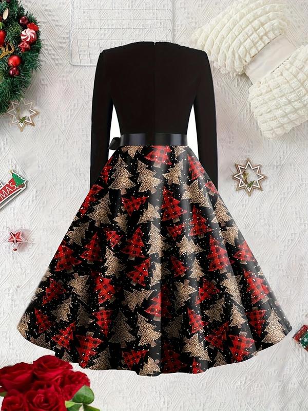 Women's Christmas Tree Print Belted V Neck A Line Dress, Elegant Zipper Back Long Sleeve Scallop Trim Dress for Party Holiday Wedding Guest, Ladies Spring & Fall Clothes