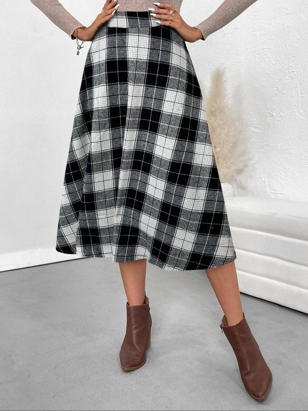 Women's Plaid Print High Waist Flared Skirt, Casual Fashion Preppy Long Skirt for Daily Outdoor Wear, Skirts for Women, Women's Bottoms for Fall & Winter