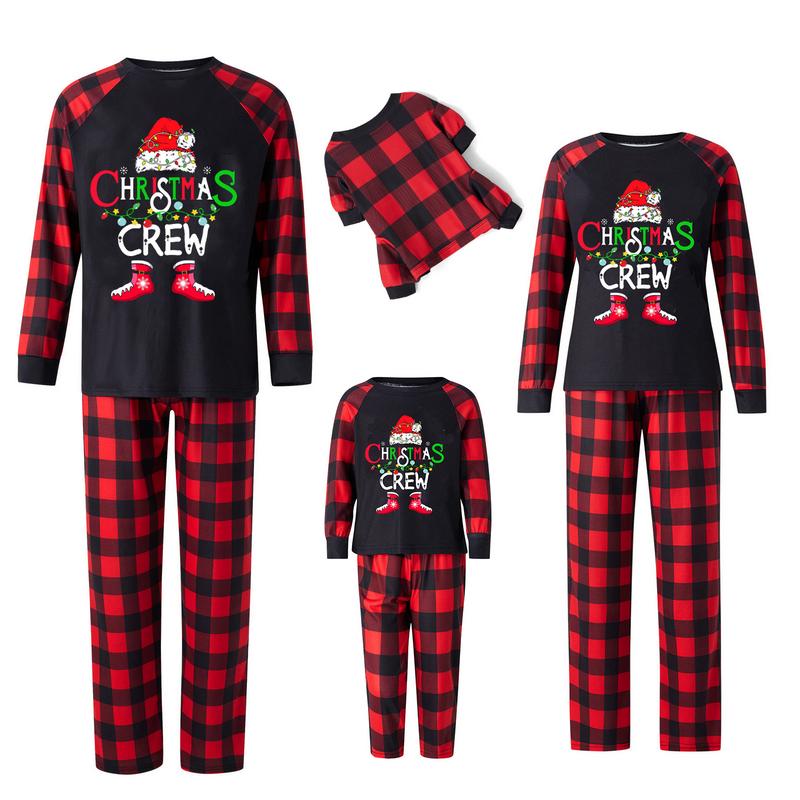 Matching Christmas Pajamas For Family Letter Santa Hat Print Long Sleeve Tops and Plaid Pants Sleepwear