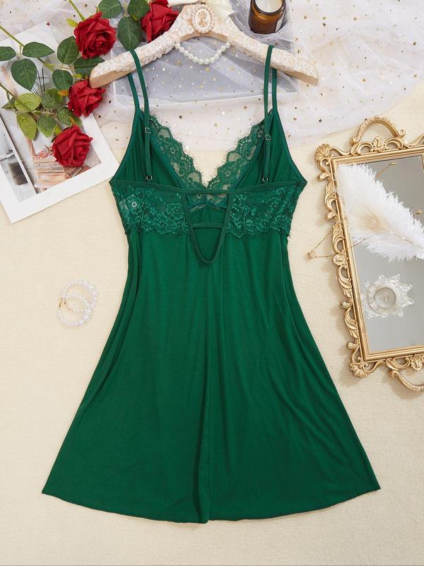 Women's Plain Floral Lace Cut Out Backless Cami Nightdress, Elegant Casual Adjustable Spaghetti Strap V Neck Nightgown for Summer, Ladies Loungewear