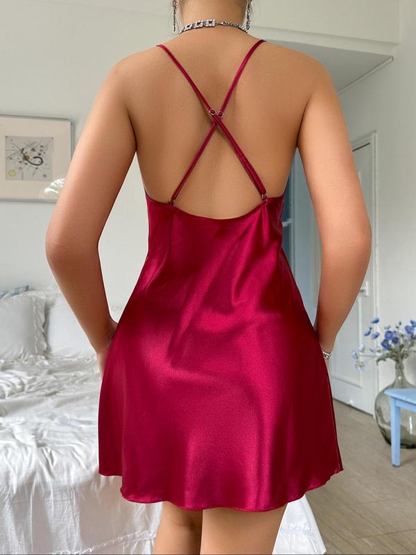 Women's Contrast Floral Lace Criss Cross Backless Satin Cami Nightdress, Elegant V Neck Split Thigh Nightgown, Sleepwear for Women