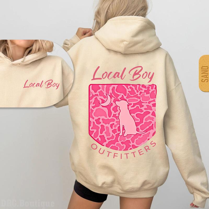 Local Boy Outfitters Hoodie,  Classic Camouflage Design Featuring Camo Dog and Moon Graphic Casual Hooded Pullover Cotton Womenswear Oversized Print