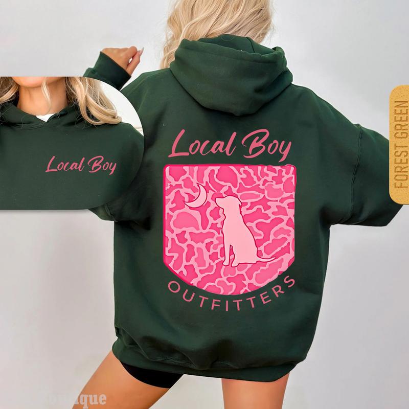 Local Boy Outfitters Hoodie,  Classic Camouflage Design Featuring Camo Dog and Moon Graphic Casual Hooded Pullover Cotton Womenswear Oversized Print