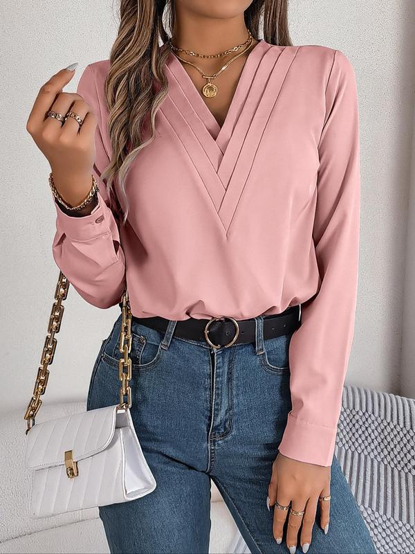 Women's Plain V Neck Blouse, Elegant Long Sleeve Shirts Top for Spring & Fall, Fall Outfits, Ladies Clothes for Daily Wear, Fall Clothing Women, Comfort Womenswear, Going Out Tops, Fall Clothes