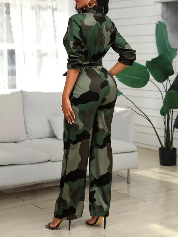 Women's 2024 New Stylish Camo Graphic Body Jumpsuit, Trendy Straight Leg Long Sleeve Collar Jumpsuit for Women, Lady One-piece Collared Longsleeves Bodysuit Jumpsuit for Outdoor Wear, Womenswear