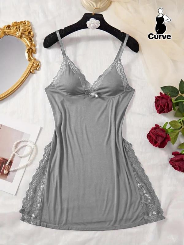 [Plus Size] Contrast Lace Split Thigh Cami Nightdress, Casual Soft Comfortable Spaghetti Strap Nightgown for Women, Women's Sleepwear for All Seasons, Night Gown for Women 2000s Wear Womenswear Loungewear Homewear Basic Minimalist Sleeveless