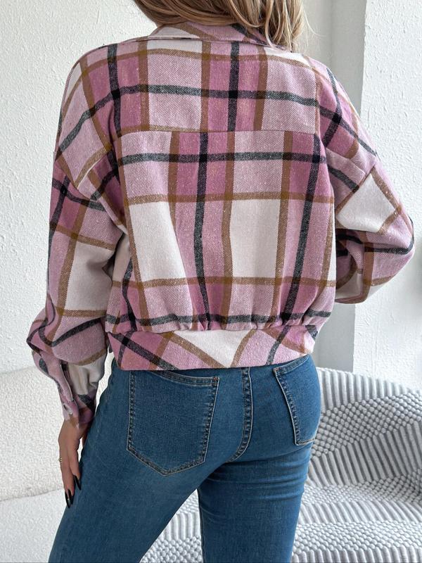 Women's Plaid Print Button Front Drop Shoulder Jacket, Casual Long Sleeve Collared Outerwear for Fall & Winter, Ladies Tops Clothes for Daily Wear