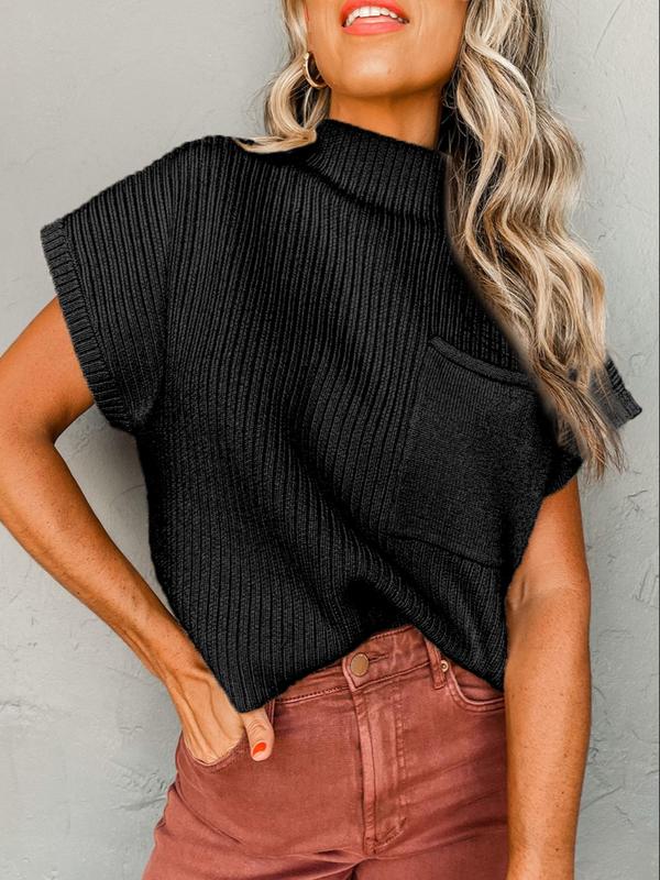 Women's Plain Pocket Batwing Sleeve Ribbed Knit Top, Fall Outfits, Casual Mock Neck Cap Sleeve Knitwear Fall Sweaters for Spring & Fall, Fashion Women's Knit Clothing for Daily Wear, Preppy 80s Clothes