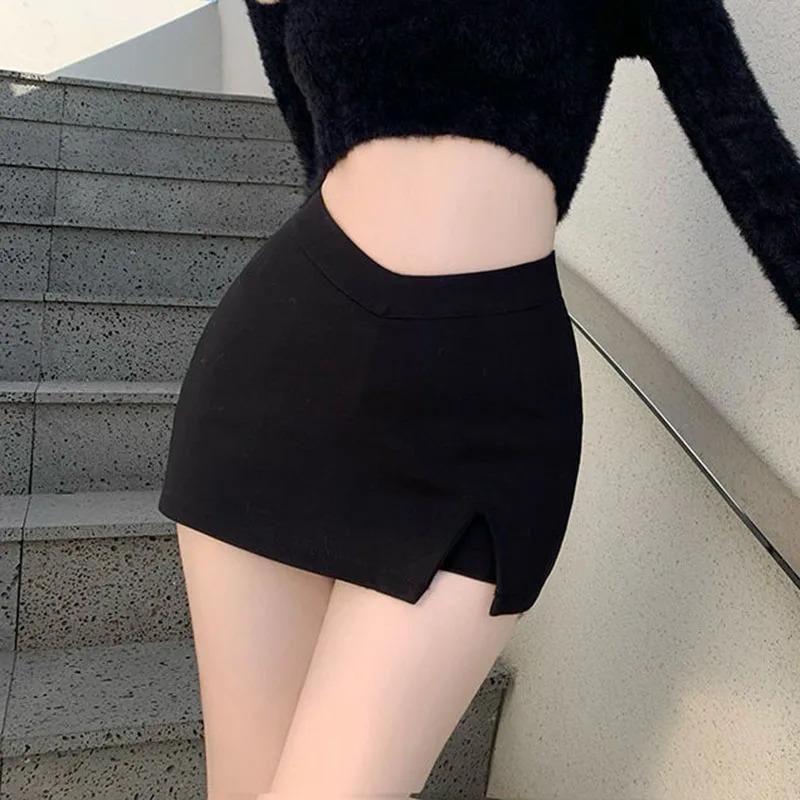 Black Split Mini Skirts Women Summer Sexy Club High Waist Slit Skirt Streetwear Korean Party Fashion Irregular Slim A Line Skirt 2024 Fabric Fit