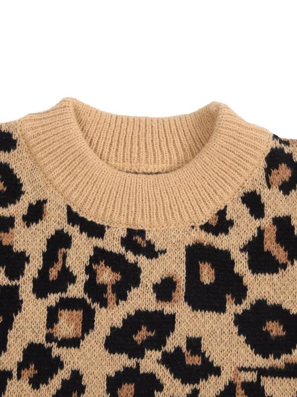 Women's Leopard Print Round Neck Sweater Vest, Casual Fashion Sleeveless Jumper Vest for Fall & Winter, Women's Knitwear for Daily Wear