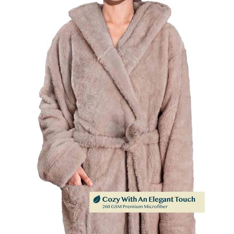 Women Hooded Plush Soft Robe | Fluffy Warm Fleece Sherpa Shaggy Bathrobe (L XL, Taupe)