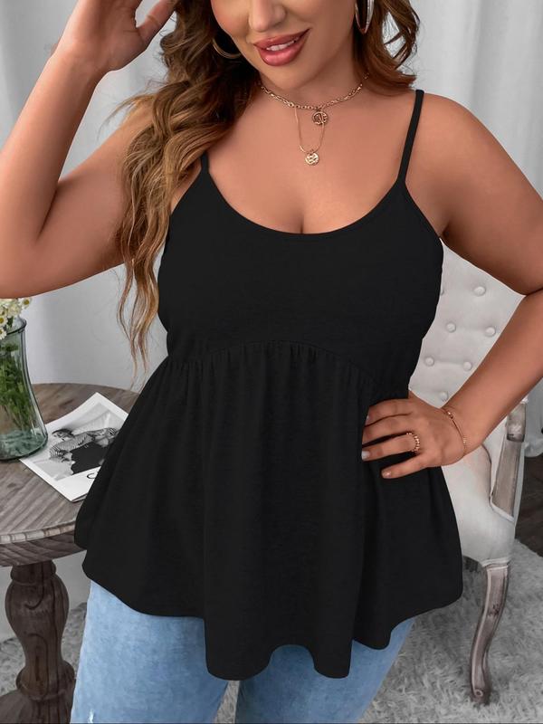 Plus Size Solid Plicated Peplum Tank Top, Casual Sleeveless Spaghetti Strap Top for Summer, Women's Plus Clothing for Daily Wear