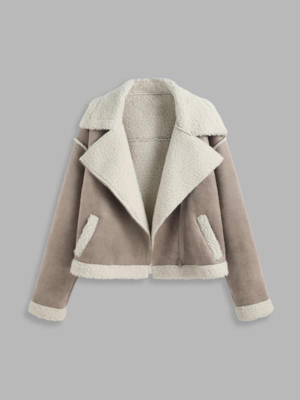 Women's Solid Color Shearling Lined Jacket, Casual Long Sleeve Open Front Outerwear for Fall & Winter, Ladies Clothes for Daily Wear