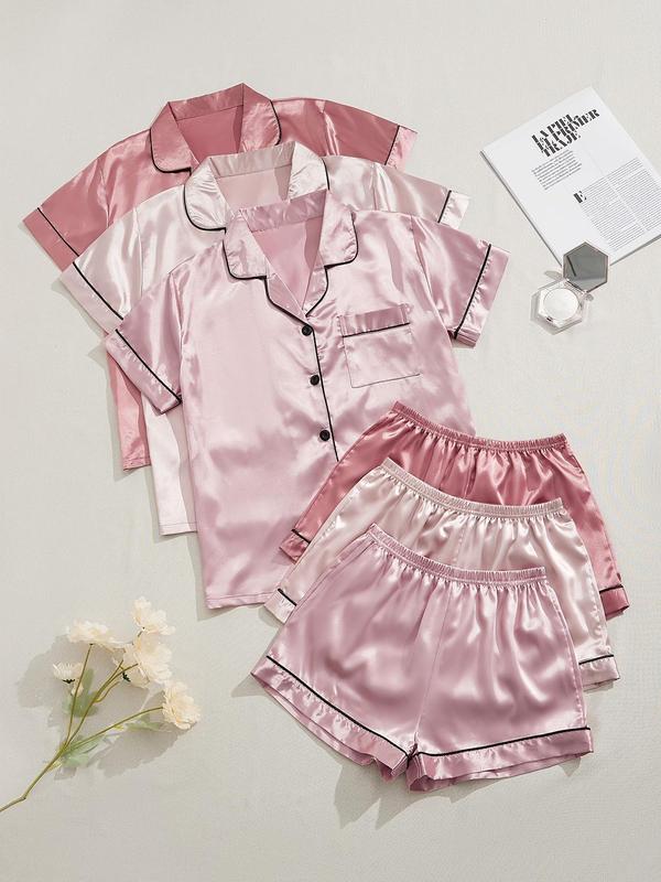 Soft Satin 6 Counts Women's Lapel Neck Short Sleeve Shirt & Elastic Waist Shorts Pajamas Set, Summer Clothes Women, Comfort Basic Minimalist Womenswear, Back To School Gifts, Button Front Shortsleeve Top & Shorts Pj Set, Sleepwear, Homewear