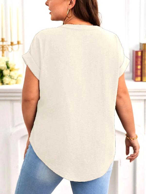  Plain Notched Neck Batwing Sleeve Shortsleeve Blouse, Plus Casual Short Sleeve Asymmetrical Hem Shirts Top for Lady, Going Out Tops, Plus Size Clothes, Women's Plus Clothing for Daily Wear, Womenswear, Summer Outfits 2024