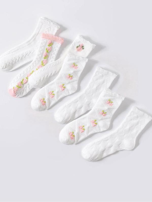 Women's 7 Pairs Bow & Floral Print Jacquard Frill Trim Crew Socks, Lady Casual Cute Soft Comfy Breathable Socks, Comfort Women Socks for All Seasons Daily Wear, Womenswear