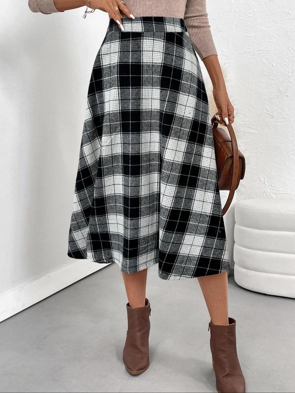 Women's Plaid Print High Waist Flared Skirt, Casual Fashion Preppy Long Skirt for Daily Outdoor Wear, Skirts for Women, Women's Bottoms for Fall & Winter