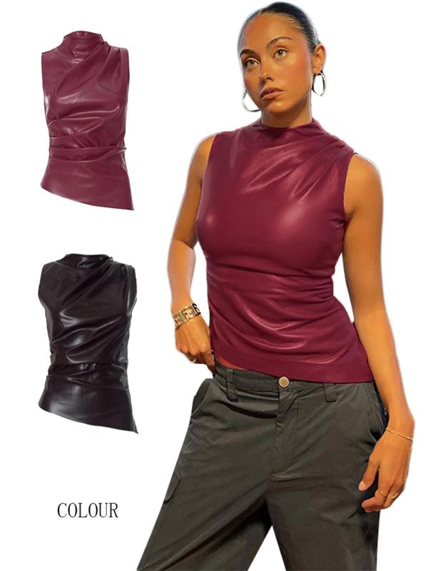 Women's Solid Ruched Zipper Back Tank Top, Street Fashion Casual Sleeveless Stand Collar Top for Daily Outdoor Wear, Ladies Clothes for Summer