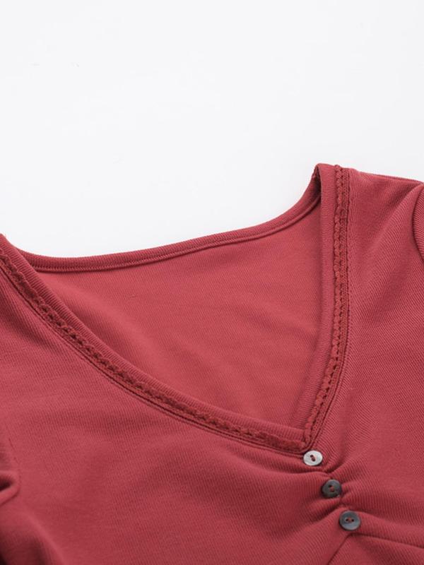 Women's Plain Fake Buttons Ruched V Neck Tee, Casual Long Sleeve T-shirt for Fall, Women's Top for Daily Wear, T Shirts for Women, Basic Tops for Women, Girl Clothes, Fall Outfits, Going Out Tops 2000s