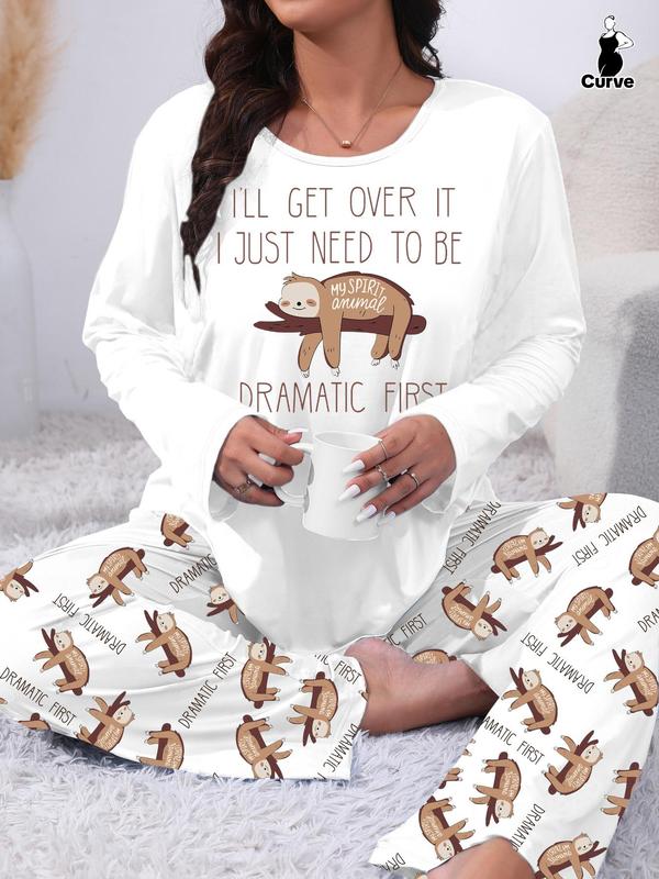  Two-Piece Set Cartoon Animals Print Tee & Elastic Waist Pants Pyjama Set, Casual Comfy Round Neck Long Sleeve T-shirt & Trousers PJ Set, Women's Sleepwear for Spring & Fall