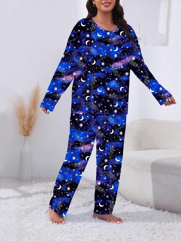  Two-Piece Set Galaxy Print Tee & Elastic Waist Pants Pyjama, Casual Comfy Round Neck Long Sleeve T-shirt & Trousers PJ Set, Women's Sleepwear for Spring & Fall