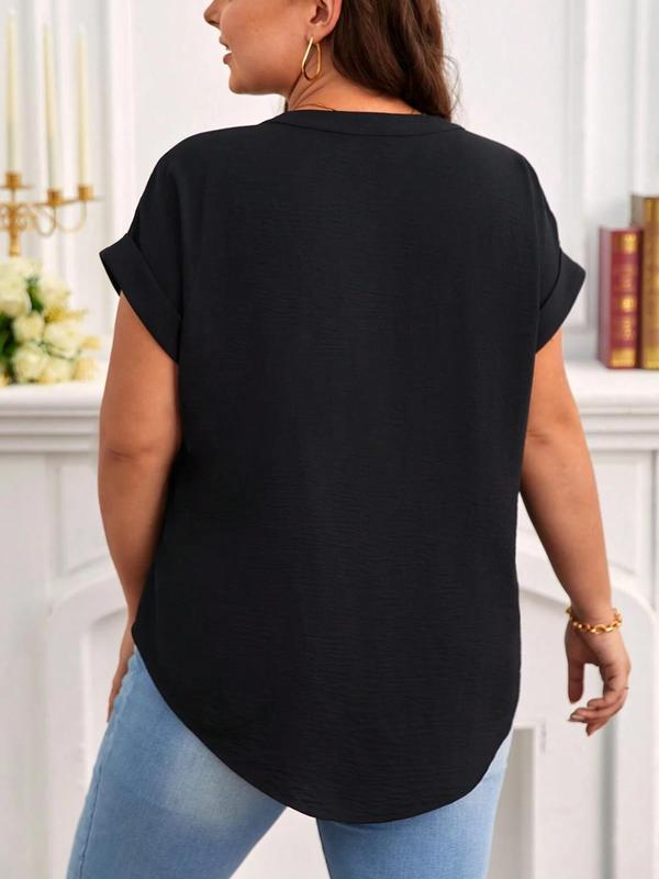  Plain Notched Neck Batwing Sleeve Shortsleeve Blouse, Plus Casual Short Sleeve Asymmetrical Hem Shirts Top for Lady, Going Out Tops, Plus Size Clothes, Women's Plus Clothing for Daily Wear, Womenswear, Summer Outfits 2024