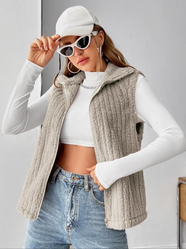 Women's Solid Color Zip Up Fuzzy Plush Vest Coat, Casual Plain Collared Sleeveless Outerwear for Fall & Winter, Women's Clothing for Daily Wear