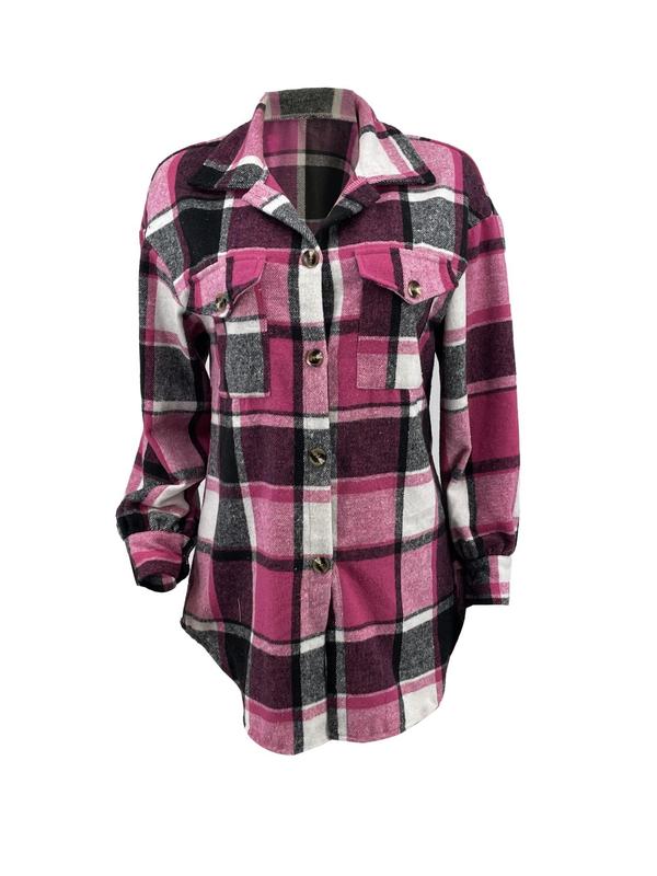 Women's Plaid Print Button Front Drop Shoulder Shirt Jacket, Casual Long Sleeve Pocket Collared Outerwear for Daily Wear, Ladies Clothes for All Seasons