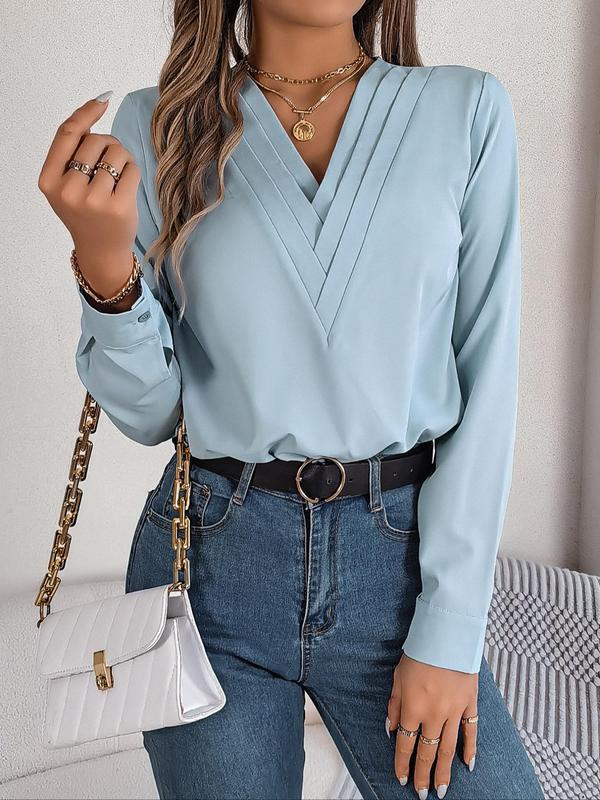 Women's Plain V Neck Blouse, Elegant Long Sleeve Shirts Top for Spring & Fall, Fall Outfits, Ladies Clothes for Daily Wear, Fall Clothing Women, Comfort Womenswear, Going Out Tops, Fall Clothes