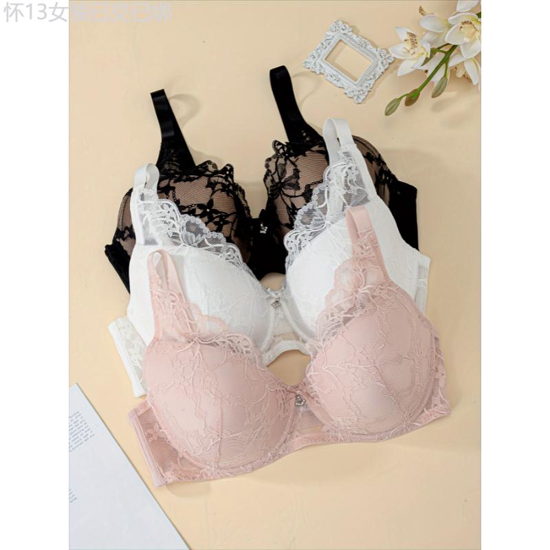 3pcs Women's Plus Elegant Bra, Plus Size Bow Decor Floral Lace Push Up Underwire Bra Fabric Womenswear