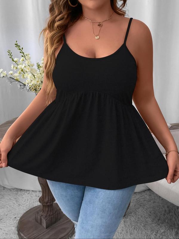 Plus Size Solid Plicated Peplum Tank Top, Casual Sleeveless Spaghetti Strap Top for Summer, Women's Plus Clothing for Daily Wear