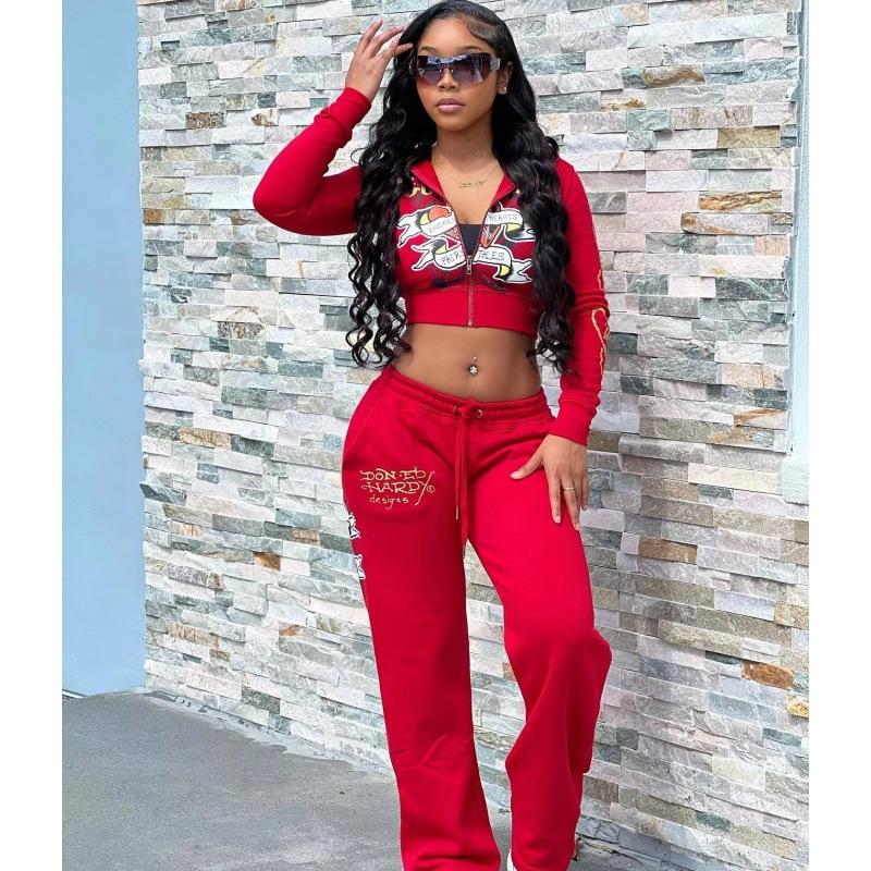 Women's two-piece velvet tracksuit two-piece set long sleeve zippered cropped top sweatpants suit pocket casual street print 2-piece girlfriend suit multicolor suit