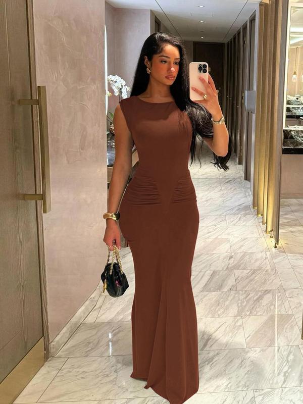 Women's Plain Ruched Round Neck Bodycon Dress, Elegant Sleeveless Maxi Mermaid Dress for Party Club Dating Wear, Ladies Summer Clothes, 90s Clothes,  Hoco Dresses Black Girls