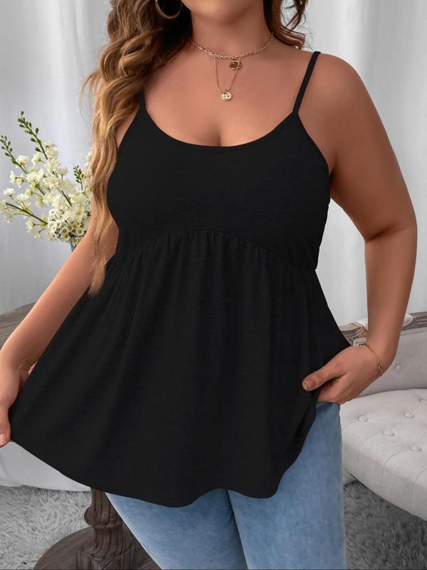 Plus Size Solid Plicated Peplum Tank Top, Casual Sleeveless Spaghetti Strap Top for Summer, Women's Plus Clothing for Daily Wear