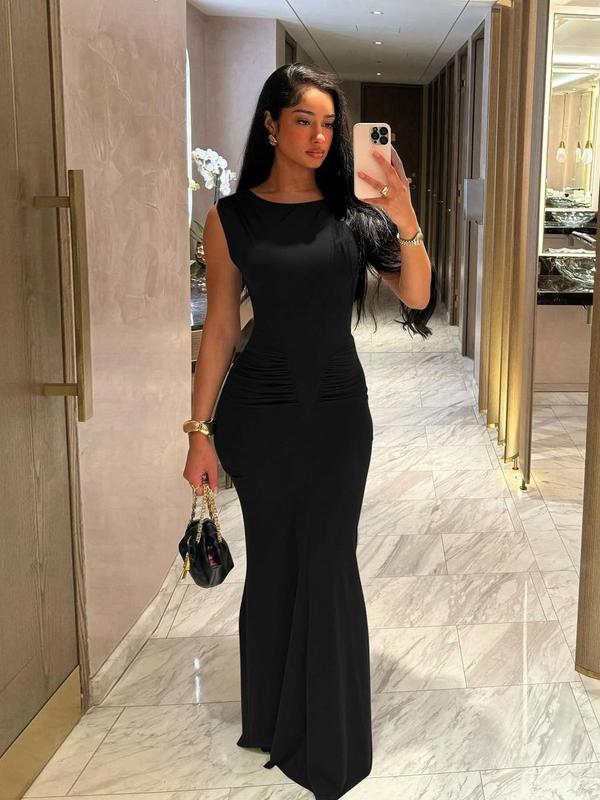 Women's Plain Ruched Round Neck Bodycon Dress, Elegant Sleeveless Maxi Mermaid Dress for Party Club Dating Wear, Ladies Summer Clothes, 90s Clothes,  Hoco Dresses Black Girls