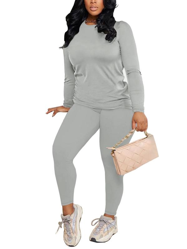 Women's Minimalist Solid Long Sleeve Tee & Elastic Waist Pants Suits Two-Piece Set for Fall, Fall Clothes, 2 Counts Lady Basic Casual Comfortable Round Neck Longsleeves Top & Trousers, Fall Outfits, Fallfreshness