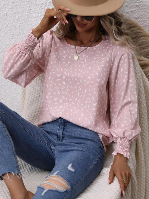 Women's All Over Print Frill Shirred Bishop Sleeve Blouse without Necklace, Going Out Tops, Elegant Round Neck Long Sleeve Top for Spring & Fall, Women's Clothes for Daily Vacation Outdoor