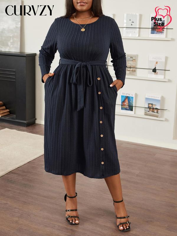 CURVZY Plus Size Jacquard Belted Button Pocket A Line Dress, Casual Long Sleeve Round Neck Midi Dress for Fall & Winter, Women's Plus Clothes for Daily Wear, Tiktok Shop Black Friday, Black Friday Haul