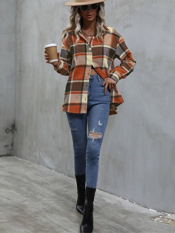 Women's Plaid Print Button Front Shirt, Casual Drop Shoulder Long Sleeve Collared Shirt for Fall & Winter, Women's Clothes for Daily Wear