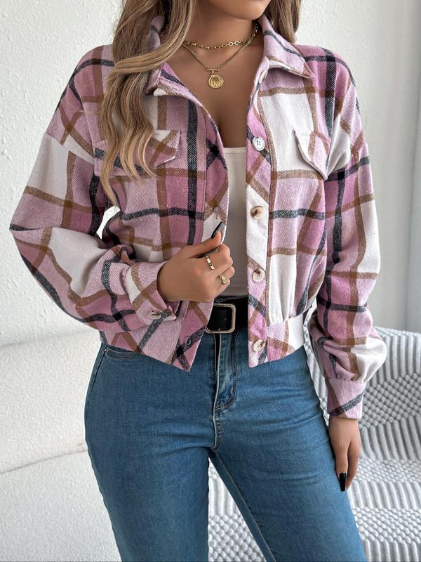 Women's Plaid Print Button Front Drop Shoulder Jacket, Casual Long Sleeve Collared Outerwear for Fall & Winter, Ladies Tops Clothes for Daily Wear