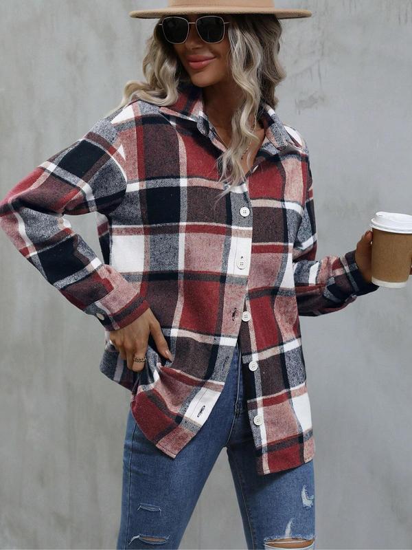 Women's Plaid Print Button Front Shirt, Casual Drop Shoulder Long Sleeve Collared Shirt for Fall & Winter, Women's Clothes for Daily Wear