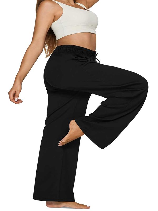  Solid Drawstring Waist Wide Leg Pants, Casual Elastic Waist Slant Pocket Trousers for Daily Wear, Women's Bottoms for All Seasons