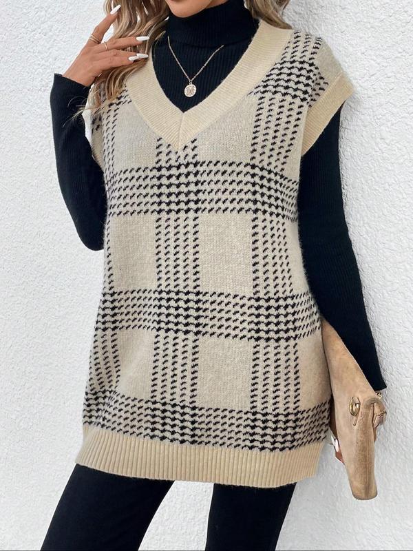 Women's Plaid Print Batwing Sleeve Sweater Dress, Casual V Neck Cap Sleeve Knit Dress for Daily Wear, Dresses for Women, Ladies Clothes for All Seasons, Preppy 80s Clothes