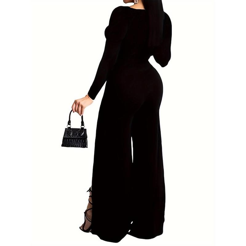 Solid Color Split Leg Jumpsuit, Stylish Long Sleeve V Neck Jumpsuit, Women's Clothing