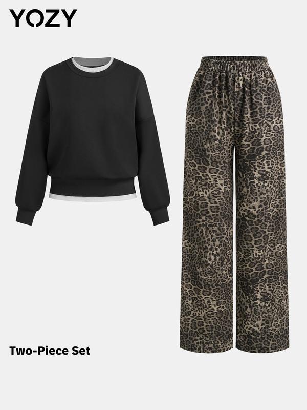 YOZY Two-piece Set Women's Contrast Trim 2 in 1 Sweatshirt & Leopard Print Pocket Pants, Casual Round Neck Long Sleeve Pullover & Elastic Waist Trousers for Daily Wear, Ladies Fall & Winter Clothes