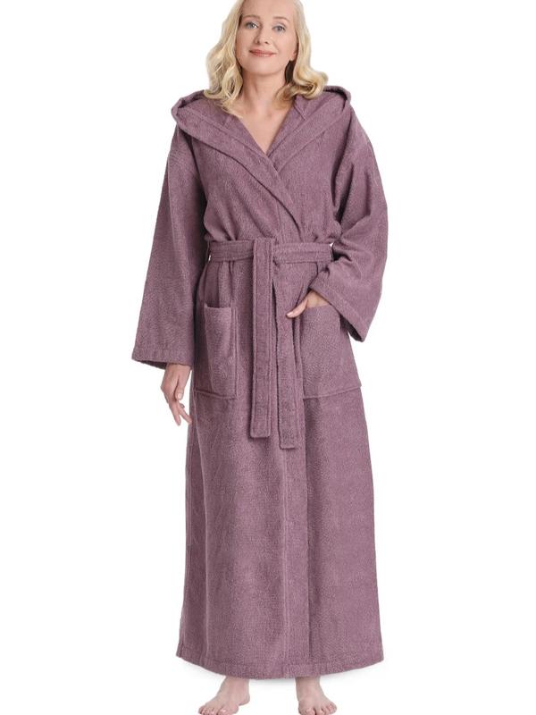 Women's Hooded Empress Cotton Terry Bathrobe Full Length Long, Belt Womenswear Comfort Gowns Pockets Nightwear Style Lady