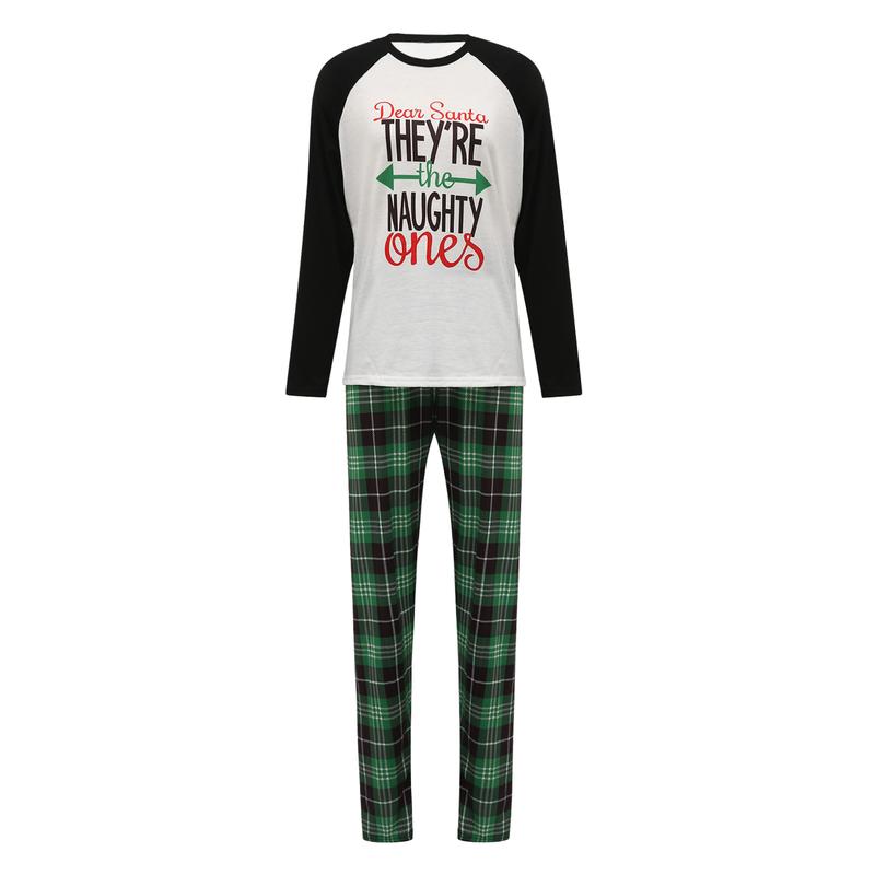 Christmas Pajamas For Family, Long Sleeve Letter Raglan Tops + Plaid Pants Set Loungewear