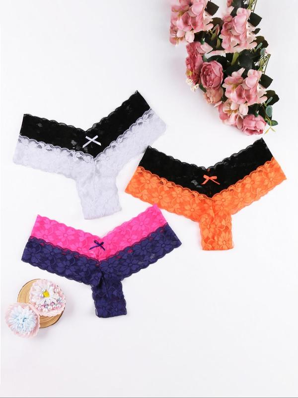 Women's Colorblock Bow Decor Lace Thong, Soft Comfy Breathable Drop Waist Panties for Daily Wear, Ladies Underwear for All Seasons